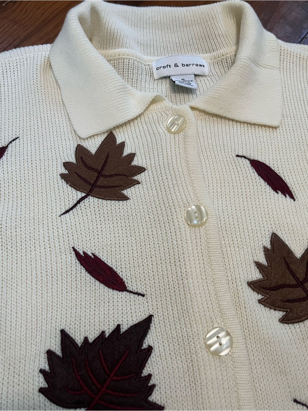 croft & barrow Women’s Cream Leaf-Appliqué Knit Cardigan Size XL